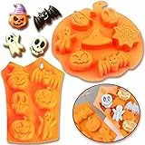2PCS Stampo Silicone Halloween,Divertente Pipistrello Zucca Faccia Teschio Fantasma Stampo,Sapone Handmade Stampi,Stampo per torta Silicone Muffin,Halloween per Dolci,Cioccolato,Ghiaccio- Arancione
