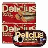Delicius Sardine Intere all'Olio di Oliva Piccante 100% Naturale Pesce Azzurro con Omega3 Lavorato a Mano 2 Scatoline da 120g + Filetti di Alici del Mar Cantabrico in Olio d'Oliva Scatolina da 28g
