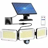 LOTMOS Luce Solare Led Esterno con Sensore di Movimento 224LED/3 Teste Faretto Led da Esterno Solare con Telecomando, IP65 Impermeabile Lampada Solare da Esterno di Illuminazione a 270° da 5m Cavo
