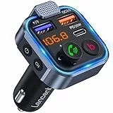LENCENT Trasmettitore Bluetooth 5.0 per Auto, Musica Bluetooth Auto con Bassi Profondi e Suono Hi-Fi lossless, Ricarica Rapida Tipo-C PD 20W e QC3.0, Supporto Disco U-Luce Blu Sfumata