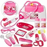 BUYGER 16 Pezzi Set Valigetta Dottoressa Bambina, Giochi Dottore Stetoscopio con Luci e Suoni, Kit Medico Giocattolo per Bambini Bamba 3 Anni (Rosa)