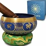 Campana Tibetana OM, Chakra Della Gola – Fatta a Mano in Nepal – Cuscino, Percussore in legno, Scatola in lotka – Meditazione – Rilassamento – Arredamento – Regalo perfetto