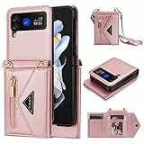 ESONG Cover per Samsung Galaxy Z Flip 4,con 4 Porta Carte Slot/Chiusura Magnetica,Antiurto Flip Wallet Protettiva Case con Supporto/Laccio Tracolla,Custodia in Pelle PU Premium-Rosa