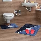 Relaxdays Set 2 Tappetini da Bagno con Motivo Grafico, Lavabili, per WC, Bidet, Doccia, Vasca, Gabinetto 80 x 50 cm, Blu, Poliestere