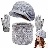 CheChury Inverno Berretto in Maglia Guanti Sciarpa Set Guanti Touch Screen Donna 3 Pezzi Caldo Guanti e Sciarpa Cappello Maglia con Sciarpa,Grigio,Taglia unica