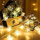 BEYAOBN Catena Luminosa con Fiocco di Neve Stringa di Luce ​10M 80 LED Catena Luminosa Fiocco di Neve a Batteria Luci Stringa Natalizie per Decorazione Natale, giardino, interni ed esterni,bianco cald