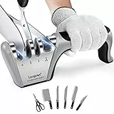 longzon Affilacoltelli Professionale, 4 in 1 Affila Coltelli da Cucina con Due Guanti Antitaglio, Affilacoltelli Manuale per Coltelli Dritti, Forbici, Sicuro e Facile da Usare