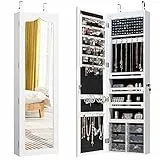 COSTWAY Armadio Portagioielli con Luci LED, Armadio Portagioielli Montato a Muro con Specchio e 6 Cassetti, Organizer Gioielli con Tanto Spazio, 36,5 x 11,5 x 120 cm (Bianco)