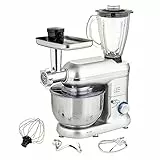 Baroni Home Impastatrice Planetaria Multifunzione 9 in 1, 1200W, 10 Velocità, con Ciotola in Acciaio, Tritacarne, Frullatore, Rullo per Impasto con Accessori Inclusi, Argento, 31X36X15 cm