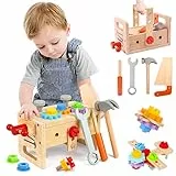 Cassetta Attrezzi in Legno Giochi per Bambini 2 3 4 5 6 Anni, Gioco Montessori Banco da Lavoro Kit di Valigetta Attrezzi 29 Pezzi, Giocattoli Educativi Regalo per Bambino Bambina
