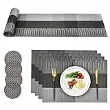 CCKOLE Tovagliette in PVC Lavabili, Set di tovagliette da Pranzo Resistenti al Calore antistrappo, 4 x tovagliette 4 x sottobicchieri e 1 x Runner per Cucina, Ristorante, Hotel, Bar, (Grigio Nero)