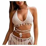 QWUVEDS Orologi da polso uomo costume da bagno da donna nuovo top sexy moda pura bikini cavo tessuto a mano set tankini pizzo top uomo estate, bianco, L