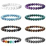 KALVICA 8 Pezzi 8MM Pietra Naturale Bracciale per Uomo Donna Occhio di Tigre Turchese Ametista Malachite 7 Chakra Bracciale Tripla Protezione Energia Braccialetti Set Bracciale Perle Elastico