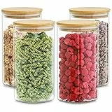 4 Barattoli di Cucina in Vetro con Coperchio in Bambù - Lavabili in Lavastoviglie - 1200ml Contenitore Pasta Grande