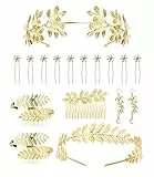 ORAZIO 7 Pezzi Dea Greca Costume Accessori Set per Le Donne d'oro Romano Alloro Foglia Corona Fasce Capelli Bracciale Bobina Perla Goccia Orecchini Sposa Copricapo Partito Vestaglia Cosplay Gioielli
