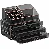 SONGMICS Organizzatore per Cosmetici, Porta Trucchi con 3 Cassetti e 15 Scomparti di Diverse Dimensioni, Nero Trasparente e Color Oro Rosa JKA002B01
