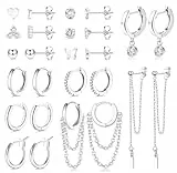 JeweBella 13Paia Piccoli Orecchini Donna Acciaio Inossidabile Orecchini a Cerchio Pendenti con Catena Ipoallergenico Orecchini Cuore Zircone Set Orecchini Oro/Argento