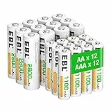 EBL 24pcs 1.2V AA AAA Ni-MH Batterie Ricaricabili Combinate, Confezione 12 X 2800mAh AA Pile Ricaricabili & 12 X 1100mAh AAA Pile Ricaricabili