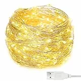 Romwish Led Stringa Luci con USB, 12M 120LED Catena Luminose IP65 Impermeabile per Natale Lucine Decorative Festa Interno Natalizie letto Camera (Bianco Caldo)