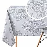 KP HOME Tovaglia Plastificata Rettangolare 300x140 Barocco Arabesco Elegante Tovaglia PVC Grigio Argento 10 Posti Tovaglia Plastica Copritavolo PVC Cucina Lavabile Cerata Tovalo 140x300 Antimacchia