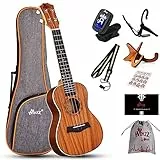 Winzz Ukulele da Concerto 23 Pollici per Adulti Principianti, Kit di Avviamento per Ukulele in Legno di Mogano con Supporto e Capotasto