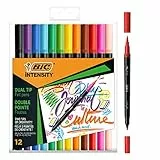 BIC Intensity Dual Tip, Pennarelli Lettering Doppia Punta: Pennarello + Pennello, Colori assortiti, Scatola da 12