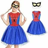 Aomig Costume Supereroe Bambina, Vestito Spider Bambini con Maschere, Costume Cosplay di Halloween Spider Dress per Ragazze, Party Fancy Dress per Natale, Carnevale e Compleanno(Blu) (130CM)