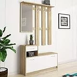 BAKAJI Set Mobili Ingresso Design Moderno con Scarpiera Panca Cassetto Specchio Rettangolare e Appendiabiti Attaccapanni 3 Ganci da Parete Casa Design Moderno in Legno Colore Rovere Bianco
