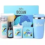 Set Regalo Donna, Confezione Regalo Profumo Oceano 6 PCS, Tazza da Viaggio, Olio da Massaggio, Sale da Bagno, Candela Profumata, Sapone, Rete di Schiuma, Utili Regali Uomo Natale Compleanno