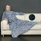 Coperta con maniche Glow, SI ILLUMINA AL BUIO, in pile, Microfibra, con tasca centrale fantasia Costellazioni, Singolo, 180x140cm, plaid letto o divano