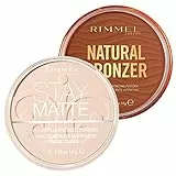 Rimmel London Stay Matte Cipria Compatta Opacizzante a Lunga Tenuta 001 Transparent + Natural Bronzer Terra Compatta Waterproof Effetto Abbronzato Naturale Formula Leggera 004 Sundown - 2 Cosmetici