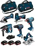 BOSCH Kit 18V BK601BAG (GDX 18V-180 + GSR 18V-55 + GKS 18 V-LI + GST 18 V-LI S + GBH 18V-21 + GWS 18-125 V-LI + 3 Batterie di 4,0 Ah + Caricabatterie + 2 Borse)