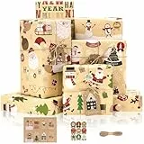 Larcenciel Kraft Carta Regalo Natale + Etichette Regalo + Adesivi, 6 Fogli Carta da Regalo Natale Vintage con Babbo Natale e Alce, Carta da Pacchi Marrone per Anno Nuovo, Festa, Compleanno, 70x50cm