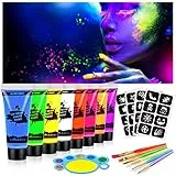 AOOWU Trucchi Neon, 8 Colori Trucchi Fluo Pittura di Corpo con Stencil e Pennelli, Color Body Paint UV Face Paint Kit Colori per Pancia, Set Truccabimbi per Halloween, Festa, Carnevale