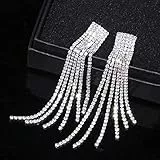 Orecchini Pendenti con Nappe in Cristallo di Strass Color Argento da Donna, Gioielli da Sposa