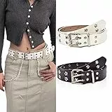 GIMIRO Punk Cintura da donna per jeans, cintura per cappotto, cintura con rivetti cavi, doppia fila di fori a stella, robusta fibbia quadrata con 2 pin, bianco e caffè, 3cm x 110cm