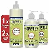MRS MEYER'S CLEAN DAY 1 Detersivo Piatti + 2 Sapone Liquido Mani, Fragranza Limone & Verbena con Oli essenziali