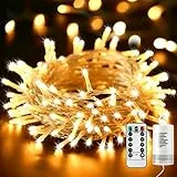 Qedertek Luci Natalizie a Batteria da Esterno, 10M 100 LED Catena Luminosa, Cavo Trasparente, Funzione di Timer con telecomando, Luci Stringa per Albero di Natale, Luci Bianco Caldo Addobbi Natale