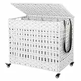 SONGMICS Cesto per biancheria tessuto a mano, cestino per biancheria in finto rattan, mobile, 3 scomparti di smistamento, coperchio, maniglie, borse rimovibili, soggiorno, bagno, lavanderia, bianco