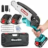 Mini Motosega a Batteria Portatile, Seesii 6 Pollici Sega a Batteria per Potatura con Caricatore, 2 Batterie e Oliatore Automatico, Motosega Elettrica Per il Taglio del Legno e Giardinaggio