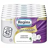 Regina Sensation - 42 Rotoli di Carta Igienica, 160 Soffici Strappi a 3 Veli, Morbida e Resistente, Con Estratto Naturale di Cotone, 60% Plastica Riciclata