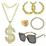 UYDF Collana Dollaro Occhiali set,Collana con Simbolo Dollaro,Collana con Segno Dollar con Anello e Ciondolo di Dollaro,Adatto a Ragazzi,Uomini,Hip Hop,Theme Party,Gangster,Rapper,Carnevale