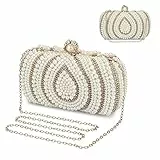 UBORSE Borsetta da Sera Donna Pochette Elegante Clutch Piccolo con Catena, Finiture di Diamanti e Perle, Borsa a Tracolla per Cocktail Festa Ballo Cerimonia, Beige