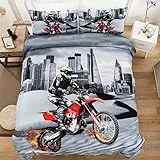 WONGS BEDDING Set copripiumino con stampa 3D Motocross City Scape Design Set copripiumino, morbida microfibra, 2 federe, cerniera nascosta, formato singolo 135 * 200 cm