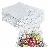 100 sacchetti di organza natalizi grandi 17 x 23 cm, sacchetti regalo in organza con fiocco di neve bianco con coulisse per gioielli caramelle trucco imballaggio