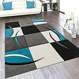 Paco Home Tappeto da Soggiorno a Pelo Corto, Disponibile in Diversi Colori e Misure, con Motivo a Quadri e Righe e Design 3D, Dimensione:120x170 cm, Colore:Turchese
