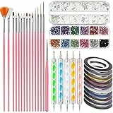 Nail Art Design Set Kit, 15 rosa Pennelli per Unghie, 5pz Dotting Pen, nastri per unghie, strass per unghie colorati per Unghie Arte Unghie Decorazione