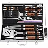 ROMANTICIST,set di utensili extra spessi in acciaio inox per gli uomini, 26 pezzi, kit di accessori per barbecue per cortile, regalo con spatola cavatappi in custodia in alluminio marrone