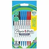 PAPER MATE Kilometrico Penne a sfera Penna da scrittura lunga con punta media 1,0 mm Inchiostro nero, blu, rosso 80% plastica riciclata 8 pz.