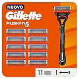 Gillette Fusion 5 Rasoio Uomo, 1 RASOIO a Mano Libera, 11 LAMETTE DA BARBA da 5 Lame, Rasatura Confortevole, Manico Ergonomico con Rifinitore di Precisione, Fino a 1 Mese di Rasatura con 1 Lametta